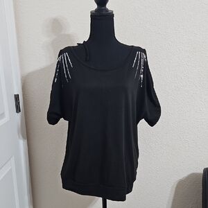SHEIN Black Short Sleeve Tee with Silver Accents